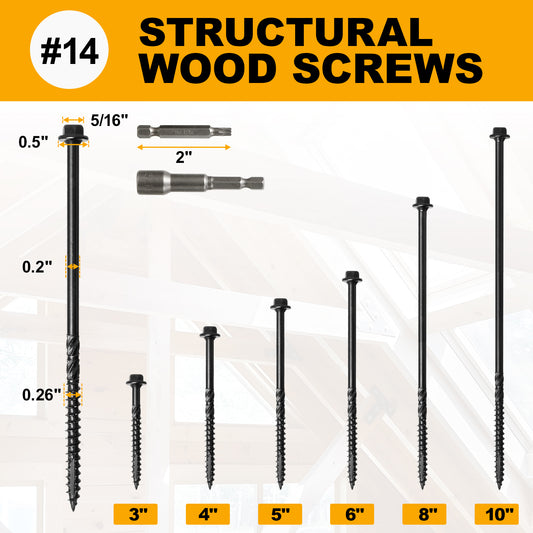 #14 x 10 Wood Structural Screws Hex Head Lag Screws, Rust Resistant Timber Screws for Timber/Log/Landscaping Wood (Black)