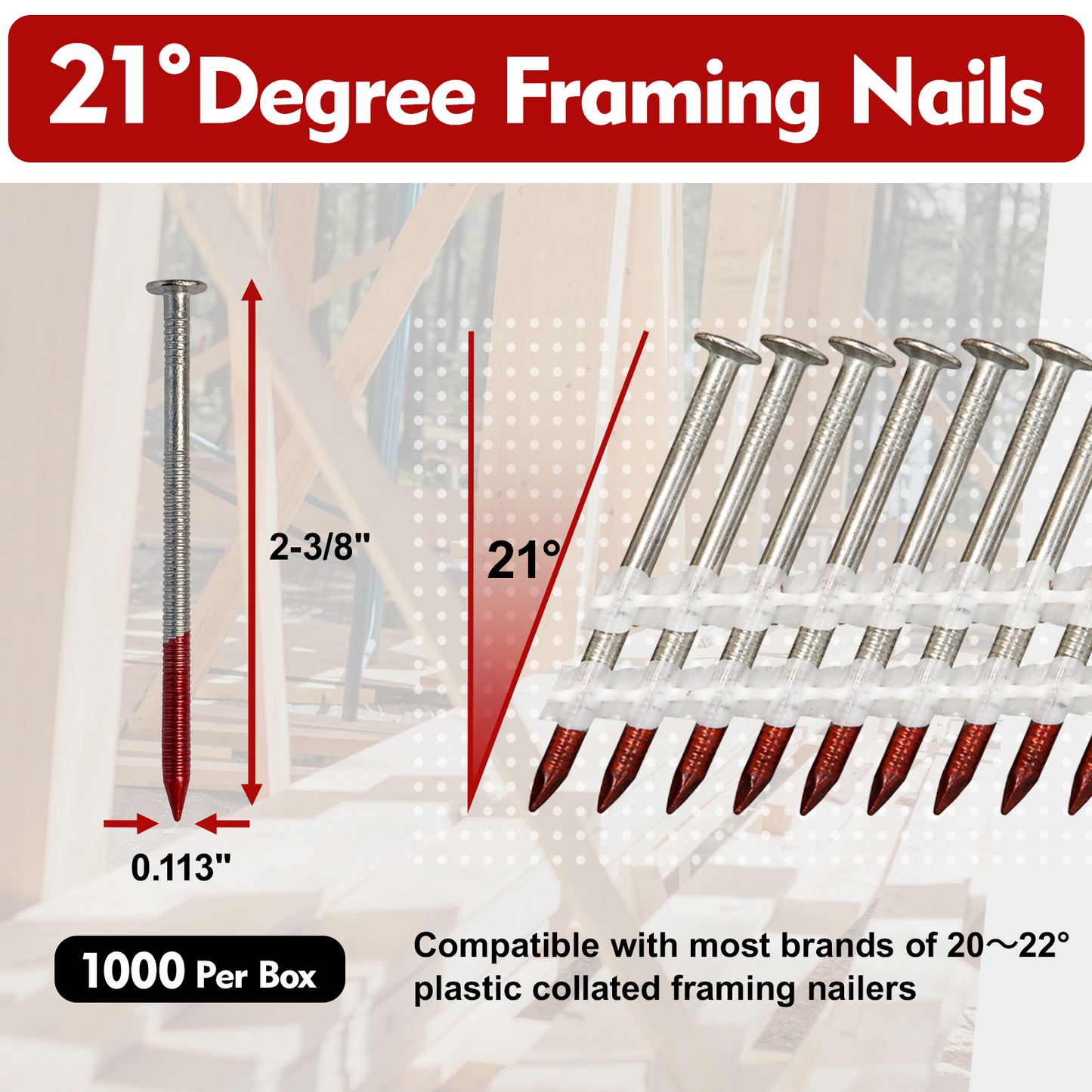 FMhotu 21 Degree Framing Nails 2-3/8" x .113" 1000PCS Ring Shank Plastic Collated Nails for 20-22 Degree Framing Nailer Gun, Hot Dipped Galvanized Full Round Head Framing Nails for Decking Sheathing