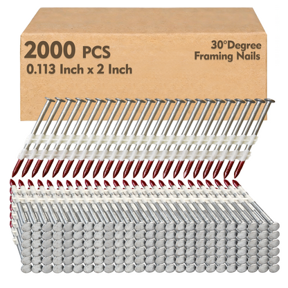 FMhotu 30 Degree Framing Nails 2" x .113" 2000PCS Ring Shank Plastic Collated Nails for 30-35 Degree Framing Nailer Gun, Hot Dipped Galvanized Full Round Head Framing Nails for Decking Sheathing
