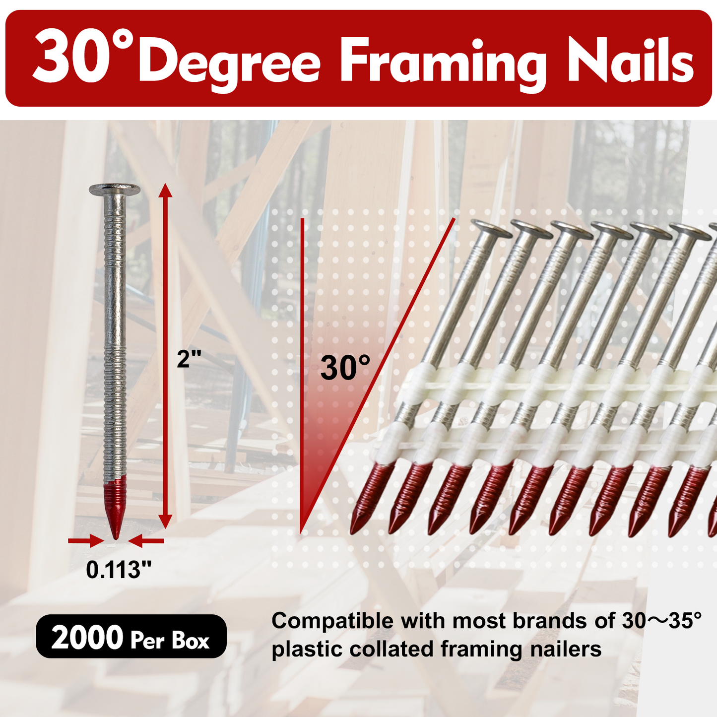 FMhotu 30 Degree Framing Nails 2" x .113" 2000PCS Ring Shank Plastic Collated Nails for 30-35 Degree Framing Nailer Gun, Hot Dipped Galvanized Full Round Head Framing Nails for Decking Sheathing