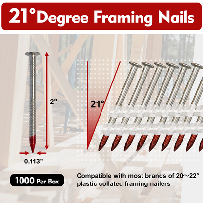 FMhotu 21 Degree Framing Nails 2" x .113" 1000PCS Ring Shank Plastic Collated Nails for 20-22 Degree Framing Nailer Gun, Hot Dipped Galvanized Full Round Head Framing Nails for Decking Sheathing