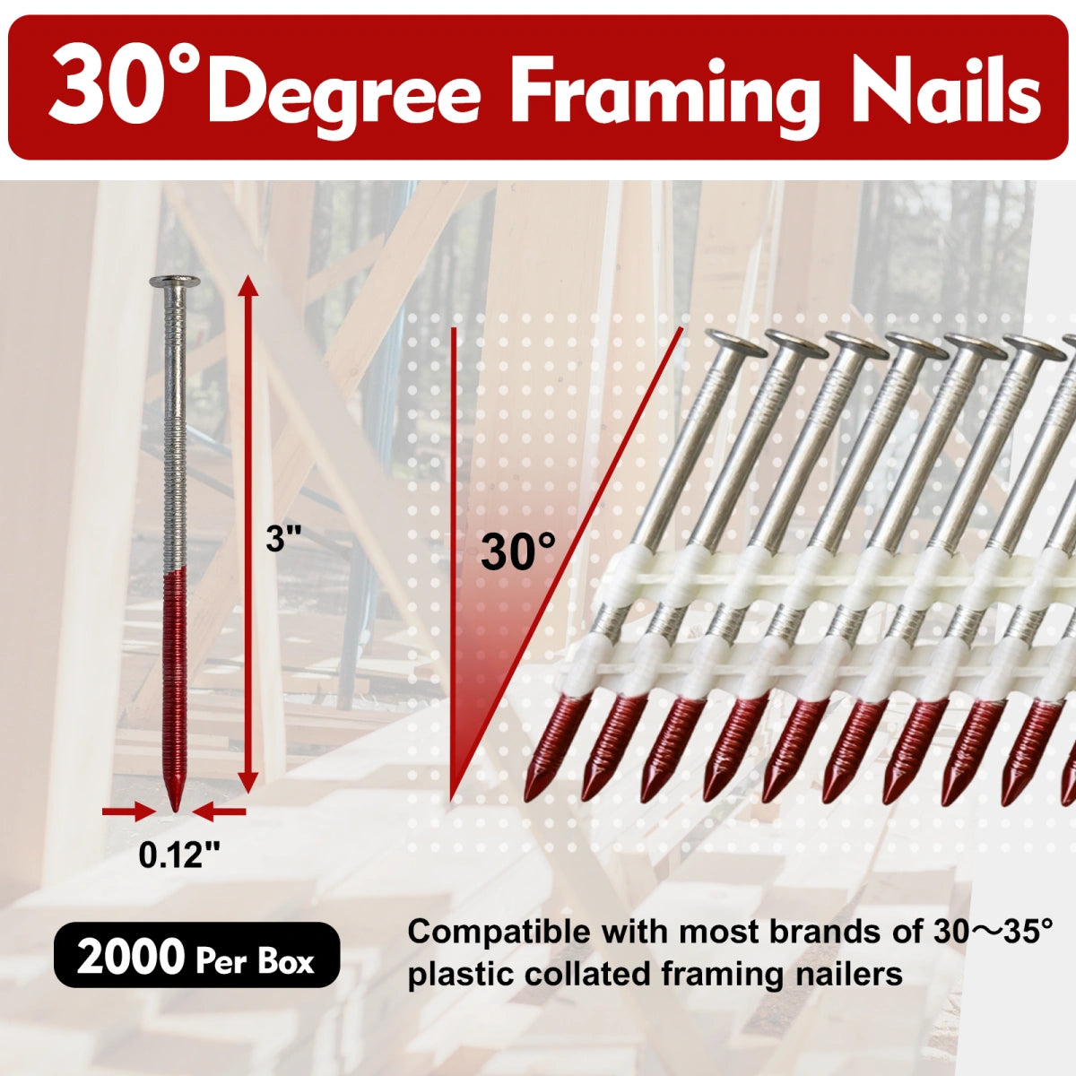 30 Degree Framing Nails 3" x 0.12" for 30-35 Degree Framing Nailer