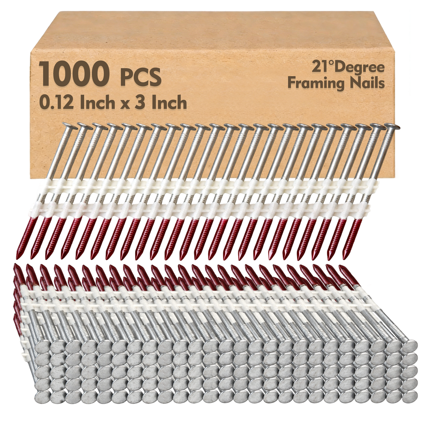 FMhotu 21 Degree Framing Nails 3" x .12" 1000PCS Ring Shank Plastic Collated Nails for 20-22 Degree Framing Nailer Gun, Hot Dipped Galvanized Full Round Head Framing Nails for Decking Sheathing