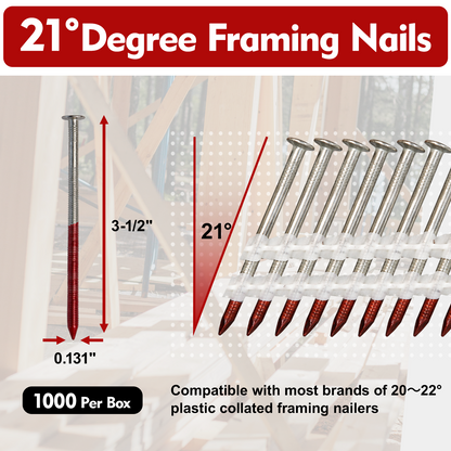 FMhotu 21 Degree Framing Nails 3-1/2" x .131" 1000PCS Ring Shank Plastic Collated Nails for 20-22 Degree Framing Nailer Gun, Hot Dipped Galvanized Full Round Head Framing Nails for Decking Sheathing