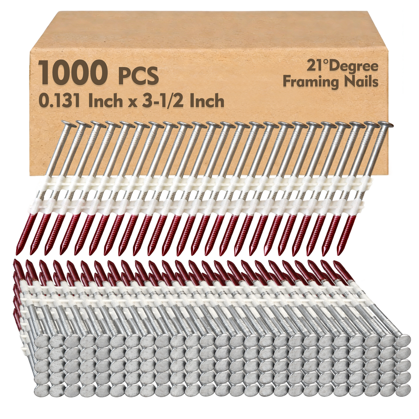 FMhotu 21 Degree Framing Nails 3-1/2" x .131" 1000PCS Ring Shank Plastic Collated Nails for 20-22 Degree Framing Nailer Gun, Hot Dipped Galvanized Full Round Head Framing Nails for Decking Sheathing