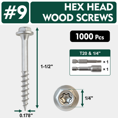FMhotu #9 x 1-1/2" Heavy Duty Joist Hanger Screws, Structural Connector Screws, 1/4" Hex Head+T20 Star Bit, 10D Nail Replacement, Zinc-Aluminum Flake Coating, 1500-Hour Salt Spray Tested