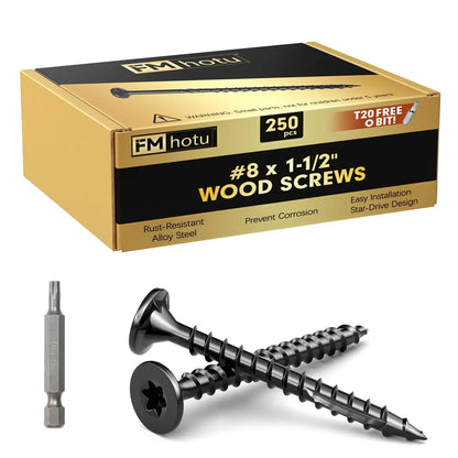 #8 x 1-1/2” Deck Screws, Star Drive Wood Screws, Black