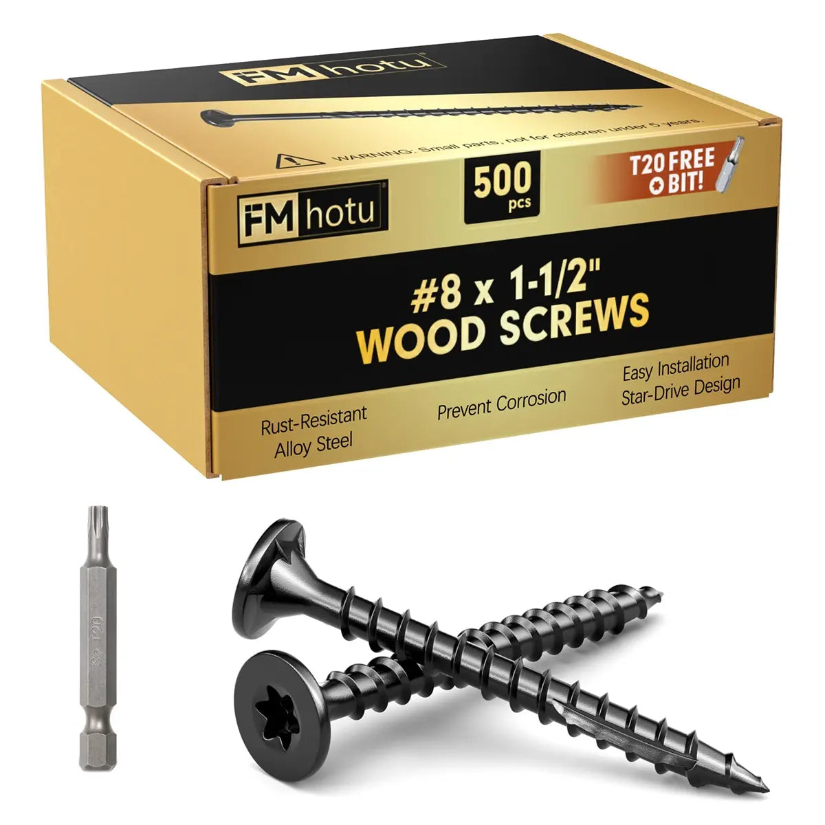 #8 x 1-1/2” Deck Screws, Star Drive Wood Screws, Black