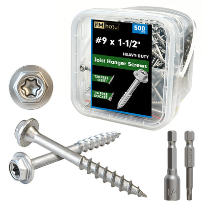 FMhotu #9 x 1-1/2" Heavy Duty Joist Hanger Screws, Structural Connector Screws, 1/4" Hex Head+T20 Star Bit, 10D Nail Replacement, Zinc-Aluminum Flake Coating, 1500-Hour Salt Spray Tested