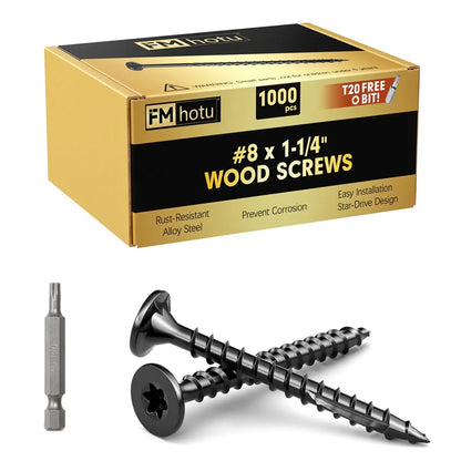 #8 x 1-1/4” Deck Screws, Star Drive Wood Screws, Black