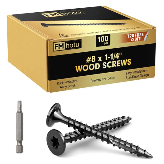#8 x 1-1/4” Deck Screws, Star Drive Wood Screws, Black