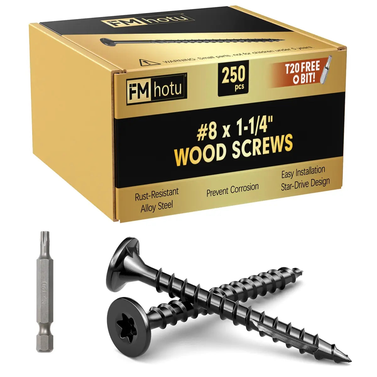 #8 x 1-1/4” Deck Screws, Star Drive Wood Screws, Black
