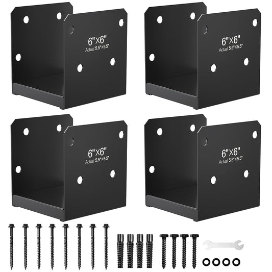 FMhotu 6x6 Stainless Steel Post Base,Internal 5.5 x 5.5 Anchor Bracket,Deck Concrete Support Anchor for Deck Railing, Fences, Mailboxes (4Pcs Black)