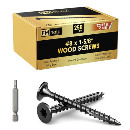 #8 x 1-5/8” Deck Screws, Star Drive Wood Screws, Black
