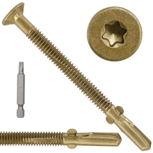 FMhotu #10 x 1-5/8" Trailer Deck Screws, Self-Tapping Sheet Wood Metal Screw, T25 Star Bits Reamer Tek Screws for Trailers, for Attaching Wood to Steel, Gold