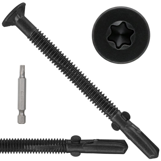 FMhotu #14 x 3-1/4" Trailer Deck Screws, Self-Tapping Sheet Wood Metal Screw, T25 Star Bits Reamer Tek Screws for Trailers, for Attaching Wood to Steel, Black