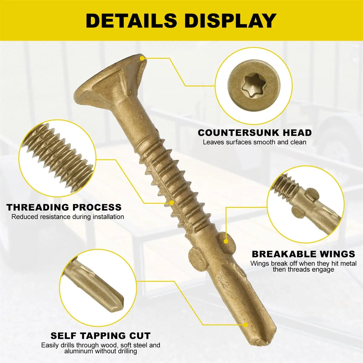 #10 x 1-5/8 Self-Tapping Trailer Deck Screws, T25 Star Bits Screws, Gold
