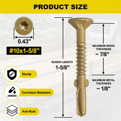#10 x 1-5/8 Self-Tapping Trailer Deck Screws, T25 Star Bits Screws, Gold