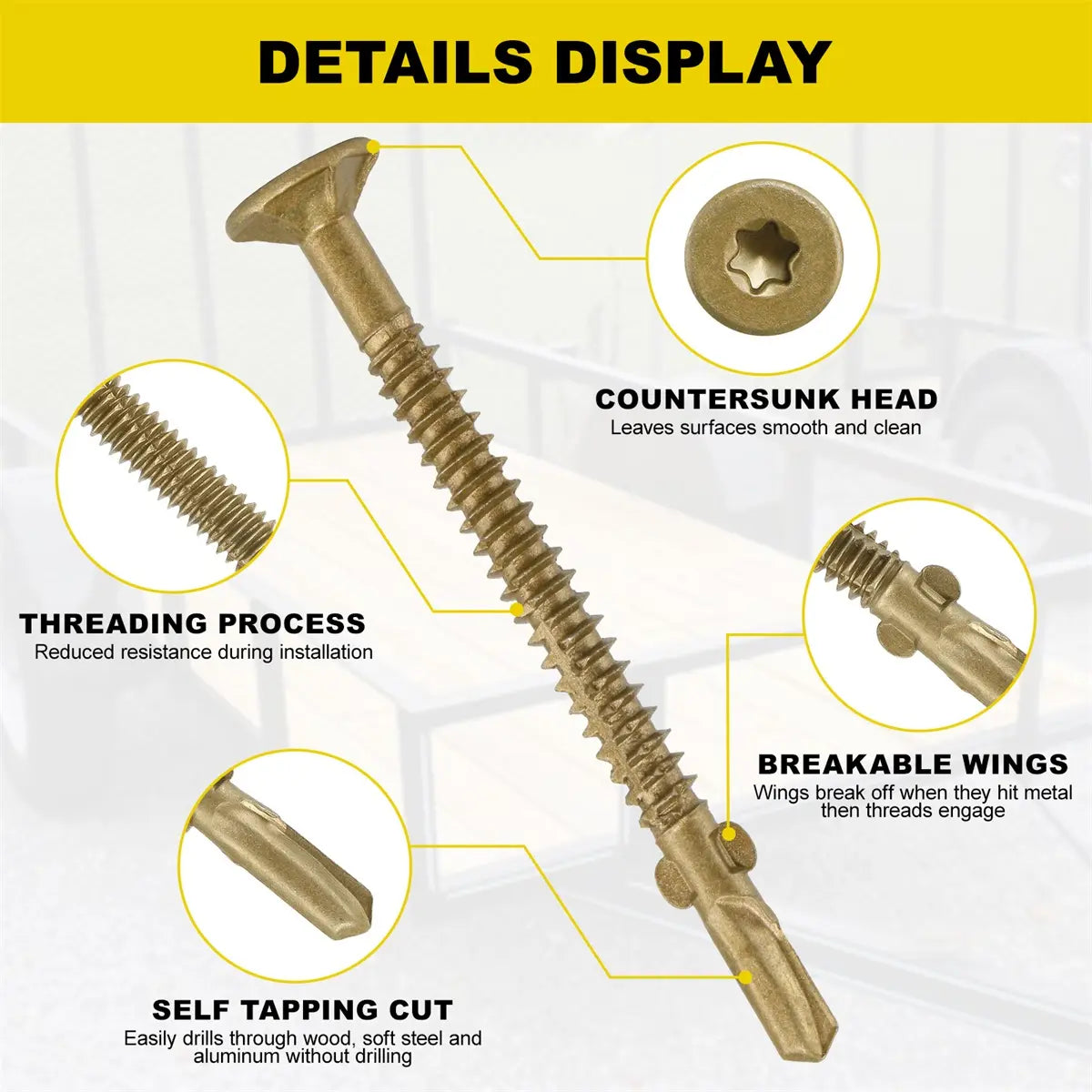 #10 x 2-1/2 Self-Tapping Trailer Deck Screws, T25 Star Bits Screws, Gold