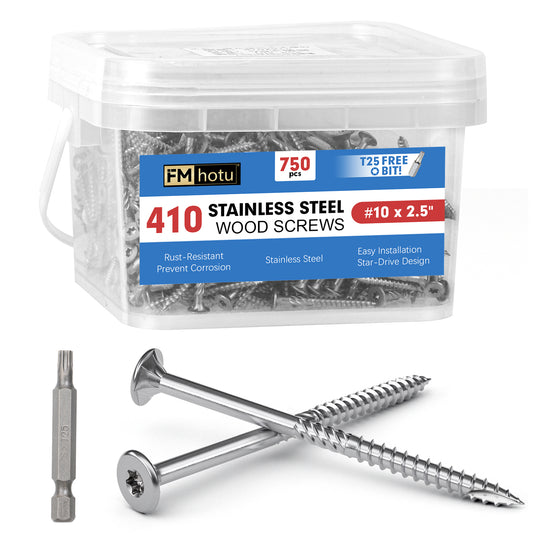 #10 x 2.5" Stainless Steel Deck Screws, Deck Screws T25 Star Bit, 410 Grade Stainless Steel, Rust Resistant Timber Screws for Log Landscaping Wood