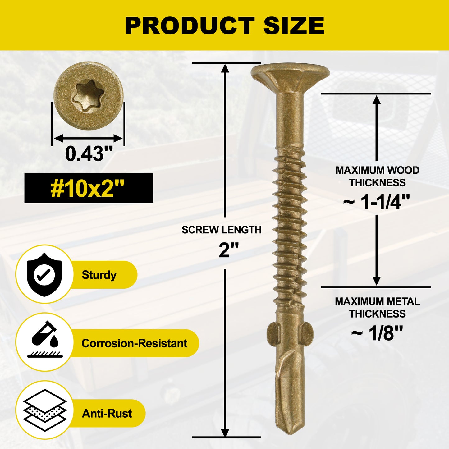 FMhotu #10 x 2" Trailer Deck Screws, Self-Tapping Sheet Wood Metal Screw, T25 Star Bits Reamer Tek Screws for Trailers, for Attaching Wood to Steel, Gold