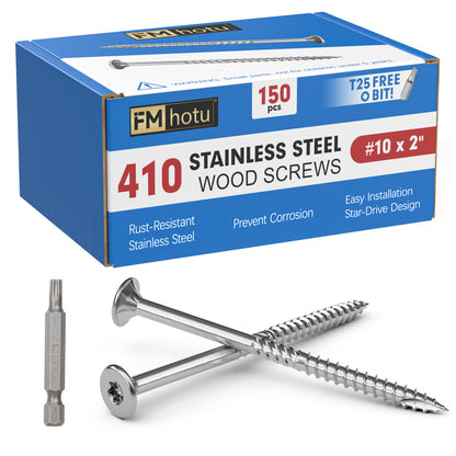 #10 x 2" Stainless Steel Deck Screws, Deck Screws T25 Star Bit, 410 Grade Stainless Steel, Rust Resistant Timber Screws for Log Landscaping Wood