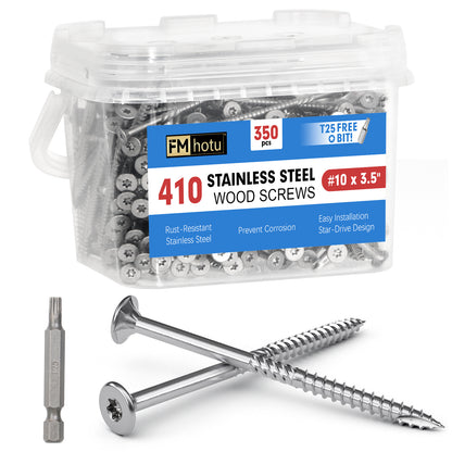 #10 x 3.5" Stainless Steel Deck Screws, Deck Screws T25 Star Bit, 410 Grade Stainless Steel, Rust Resistant Timber Screws for Log Landscaping Wood