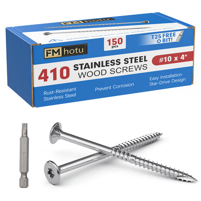 #10 x 4" Stainless Steel Deck Screws, Deck Screws T25 Star Bit, 410 Grade Stainless Steel, Rust Resistant Timber Screws for Log Landscaping Wood