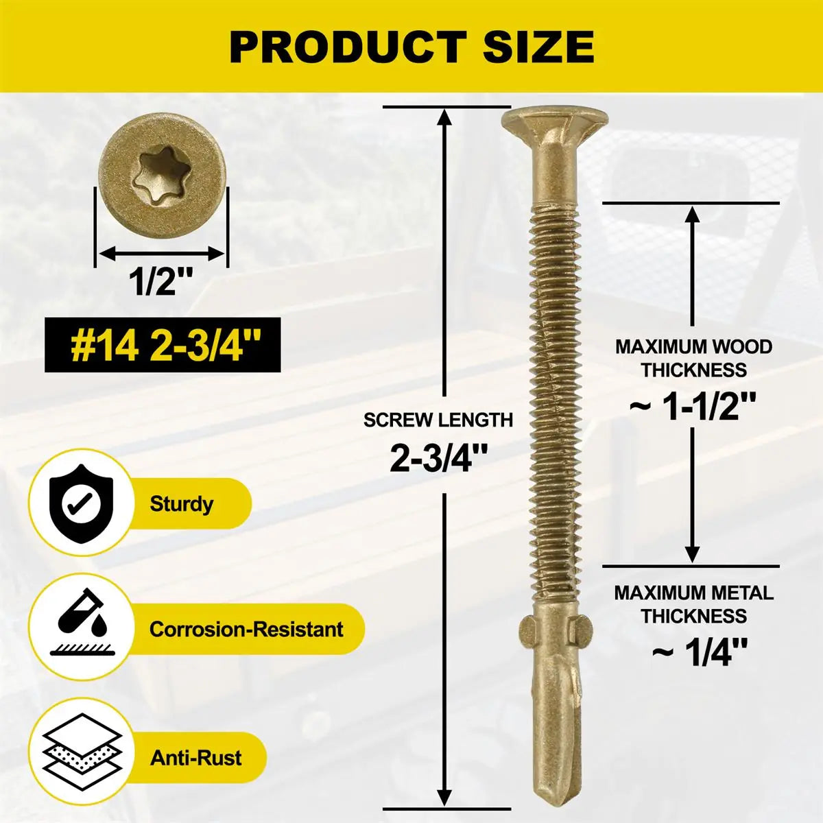#14 x 2-3/4 Self-Tapping Trailer Deck Screws, T25 Star Bits Screws, Gold