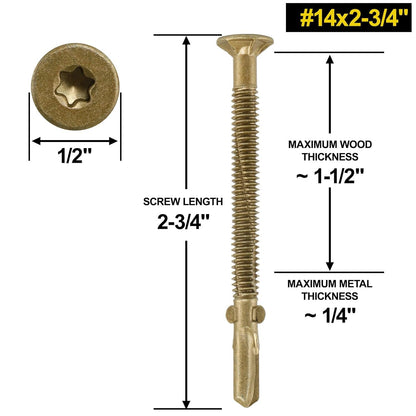 FMhotu #14 x 2-3/4" Trailer Deck Screws, Self-Tapping Sheet Wood Metal Screw, T25 Star Bits Reamer Tek Screws for Trailers, for Attaching Wood to Steel, Gold