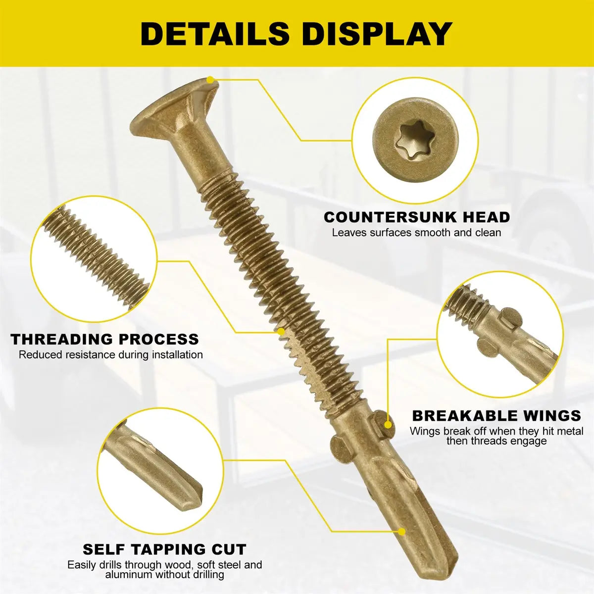 #14 x 2-3/4 Self-Tapping Trailer Deck Screws, T25 Star Bits Screws, Gold