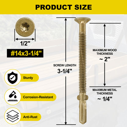 FMhotu #14 x 3-1/4" Trailer Deck Screws, Self-Tapping Sheet Wood Metal Screw, T25 Star Bits Reamer Tek Screws for Trailers, for Attaching Wood to Steel, Gold