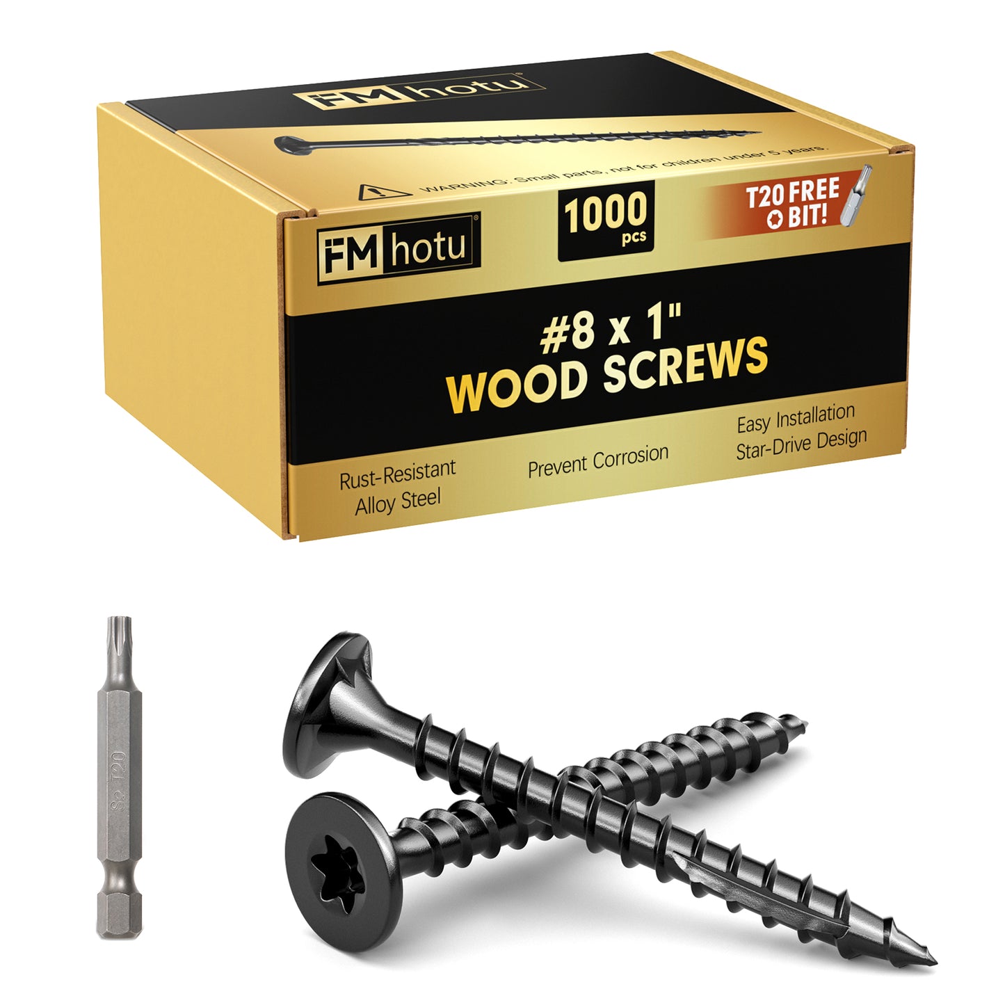 #8 x 1" Deck Screws, Star Drive Wood Screws, Rust Resistant Timber Screws for Timber/Log/Landscaping Wood, T20 Star Bit Included, Black