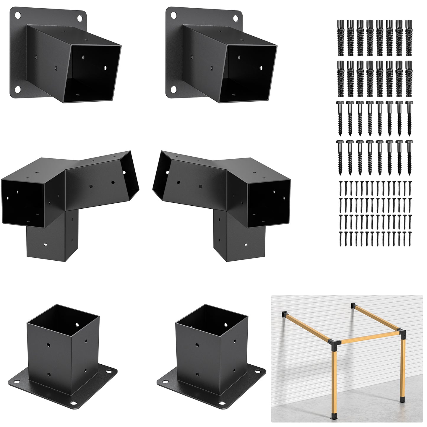 15° 3-Way 6pcs Slanted Roof Pergola Bracket Set, Roof Wall Mount Extension Bracket Kit,4" x 4" (Actual: 3.5x3.5 Inch) Powder-Coated Pergola Hardware for Porch,Gazebo, Backyard