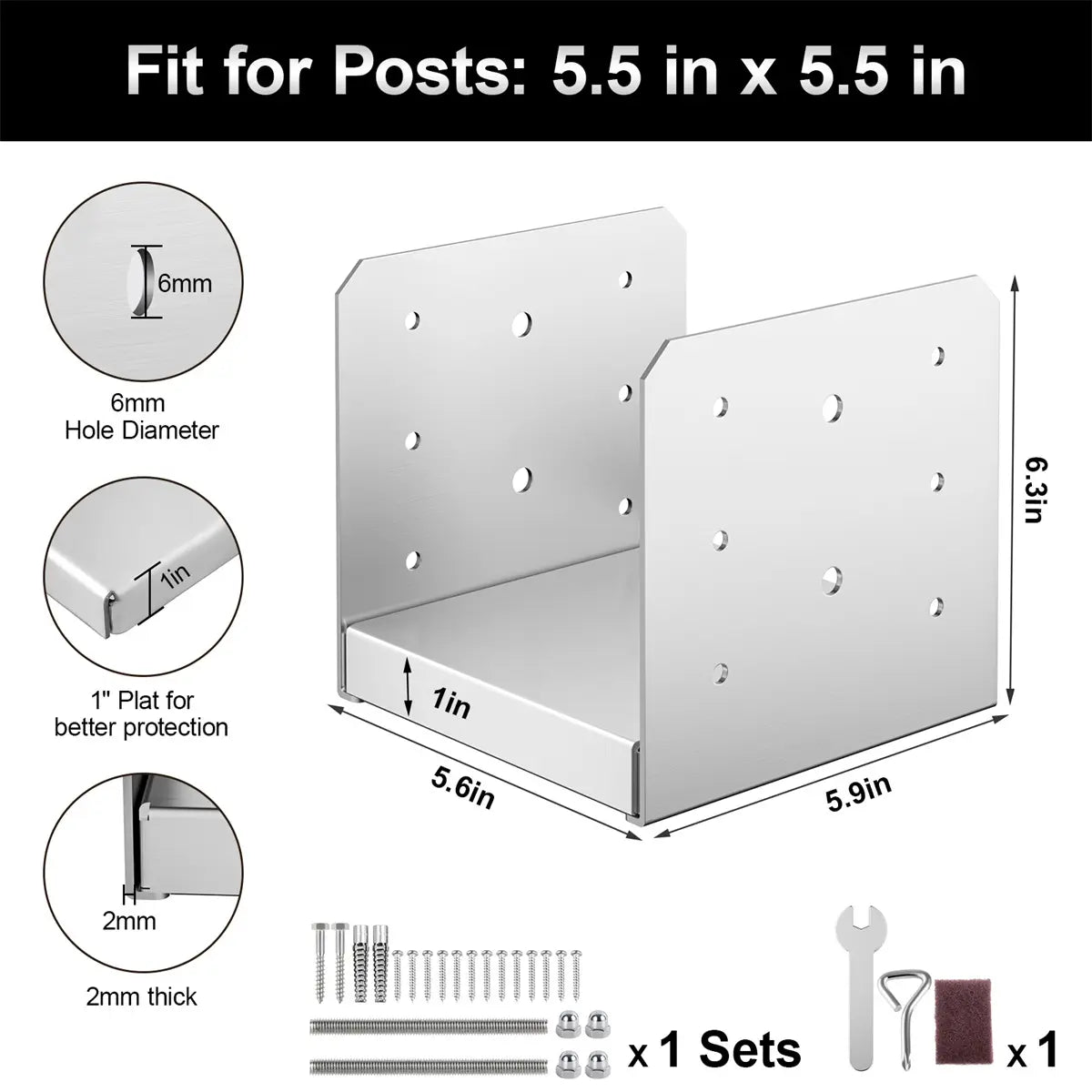 6"x6" Adjustable Post Base, Stainless Steel Post Anchor Bracket