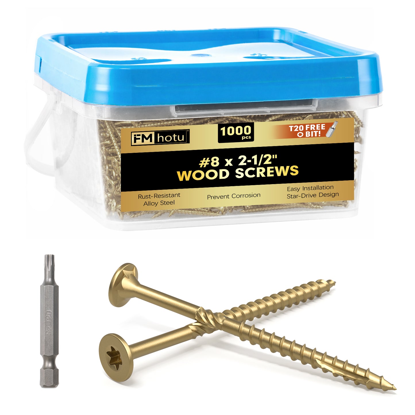 #8 x 2-1/2" Deck Screws, Star Drive Wood Screws, Rust Resistant Timber Screws for Timber/Log/Landscaping Wood, T20 Star Bit Included, Gold