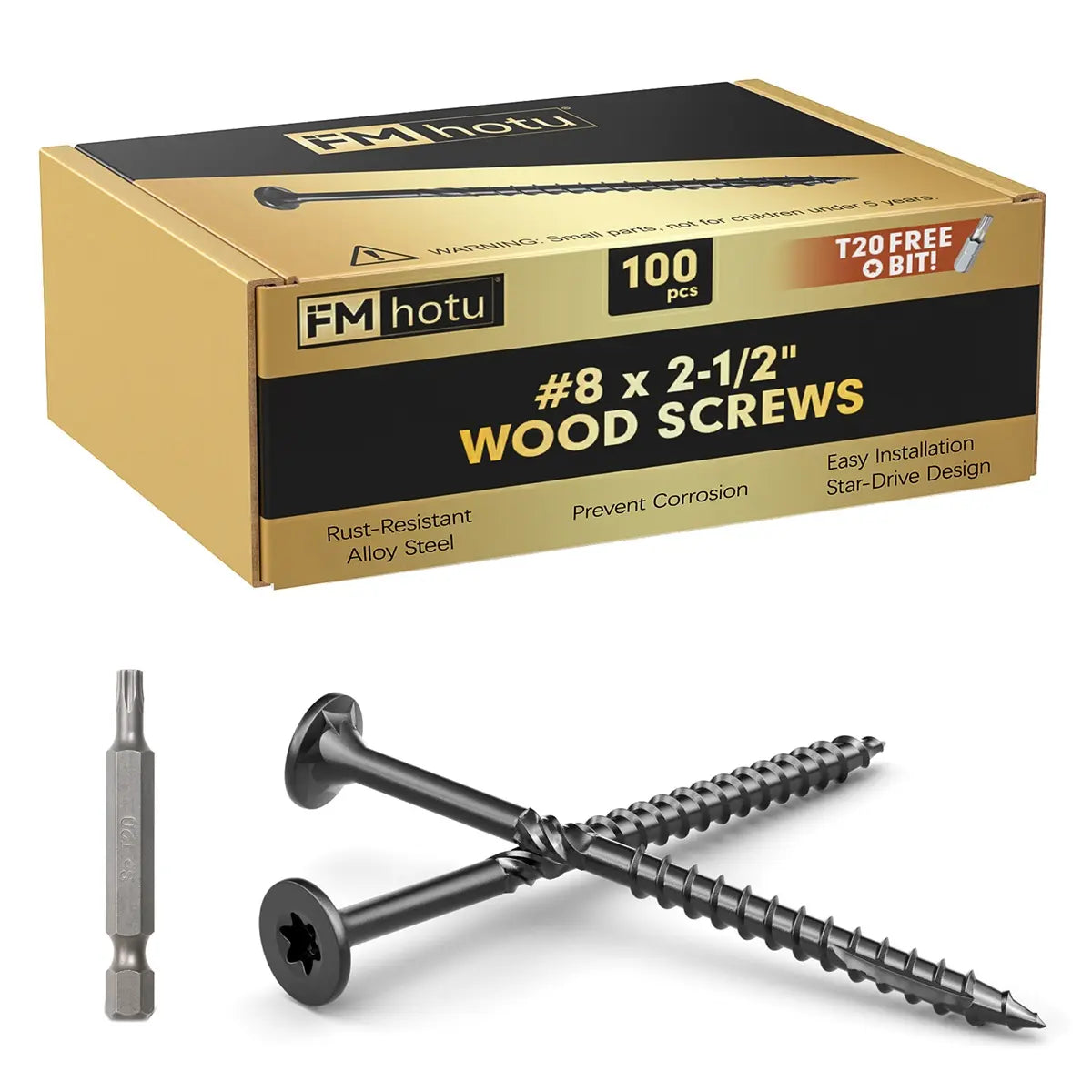 #8 x 2-1/2” Deck Screws, Star Drive Wood Screws, Black