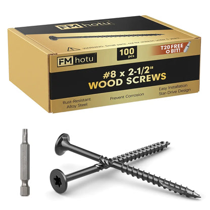 #8 x 2-1/2” Deck Screws, Star Drive Wood Screws, Black