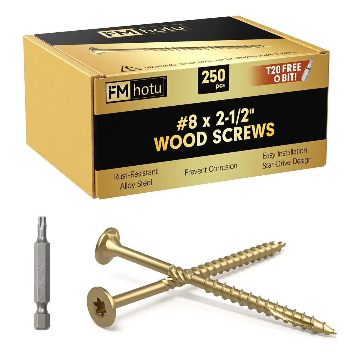 #8 x 2-1/2” Deck Screws, Star Drive Wood Screws, Gold