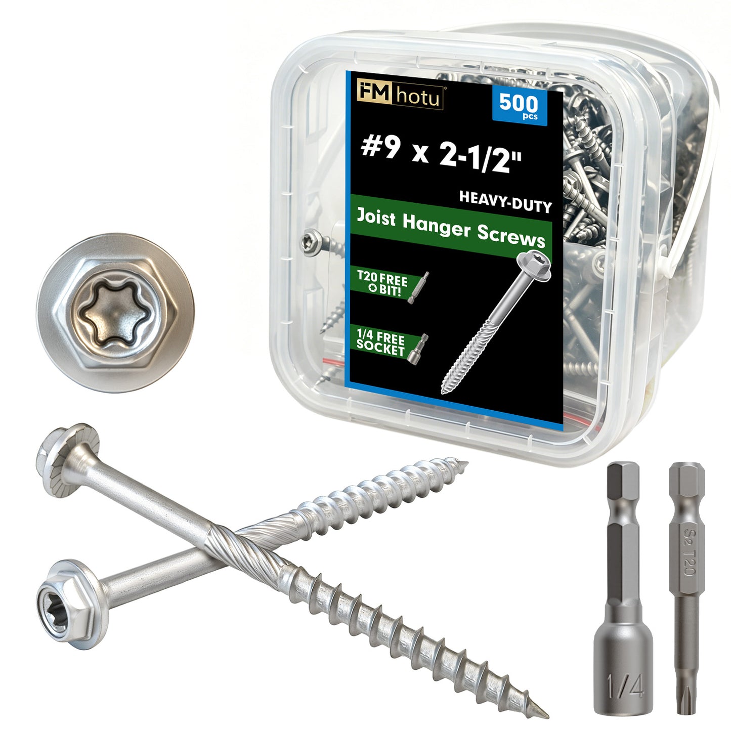 FMhotu #9 x 2-1/2" Heavy Duty Joist Hanger Screws, Structural Connector Screws, 1/4" Hex Head+T20 Star Bit, 10D Nail Replacement, Zinc-Aluminum Flake Coating, 1500-Hour Salt Spray Tested