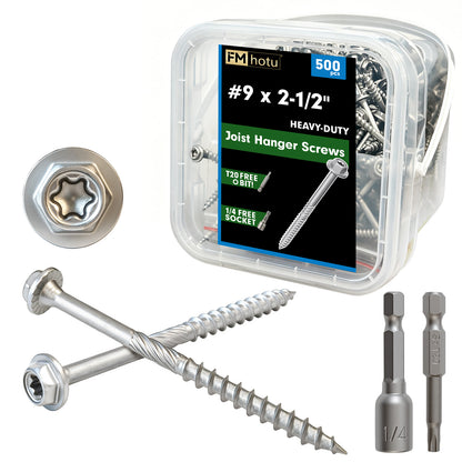 FMhotu #9 x 2-1/2" Heavy Duty Joist Hanger Screws, Structural Connector Screws, 1/4" Hex Head+T20 Star Bit, 10D Nail Replacement, Zinc-Aluminum Flake Coating, 1500-Hour Salt Spray Tested