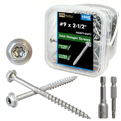 FMhotu #9 x 2-1/2" Heavy Duty Joist Hanger Screws, Structural Connector Screws, 1/4" Hex Head+T20 Star Bit, 10D Nail Replacement, Zinc-Aluminum Flake Coating, 1500-Hour Salt Spray Tested