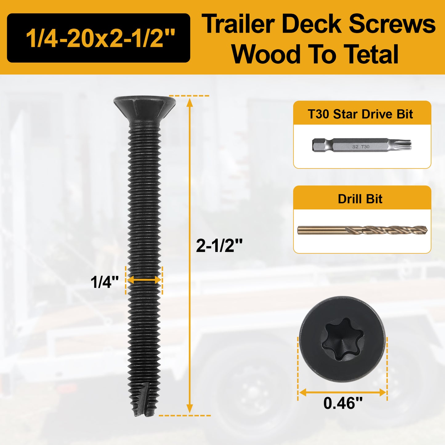 1/4-20 x 2-1/2" Flat Head Thread Cutting Self Drilling Deck Screws, Type 7, Star Drive T-30, Steel Floorboard Thread Cutting Screws for Wood & Metal