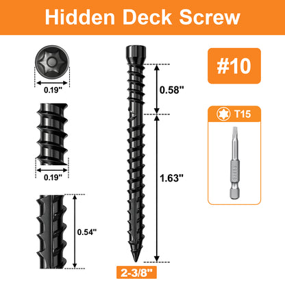 FMhotu #10 x 2-3/8" Hidden Deck Screws, Star Drive Countersunk Wood Screws, Rust Resistant Timber Screws, T15 Star Bit Included, Black
