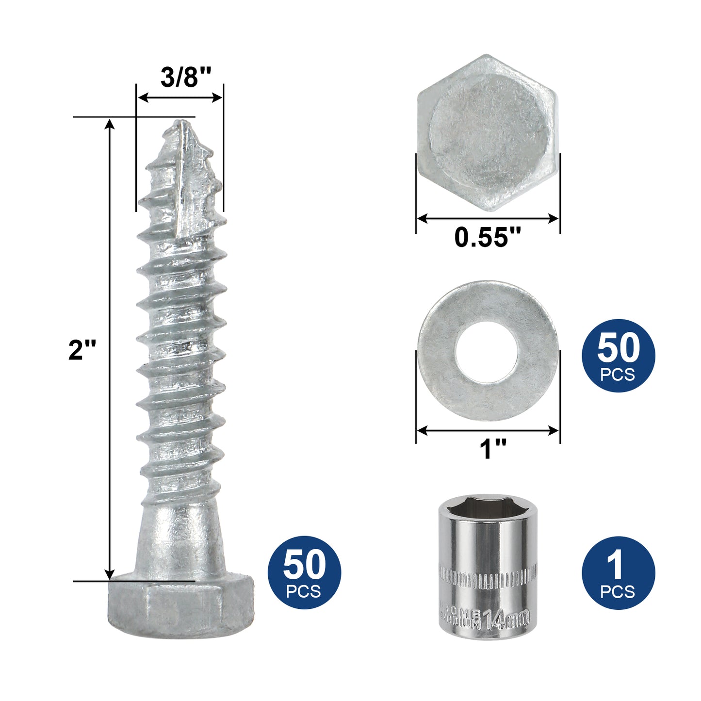 3/8" x 2" Lag Screws Bolts with Washers