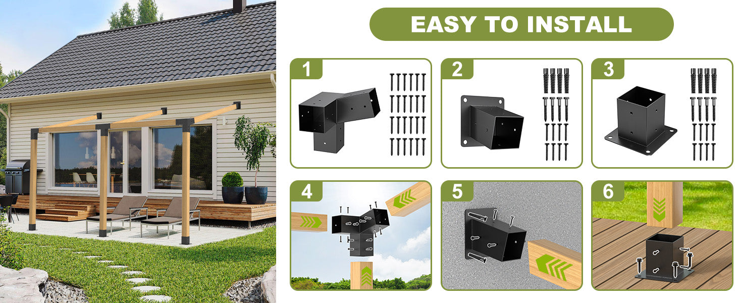 15° 3-Way 6pcs Slanted Roof Pergola Bracket Set, Roof Wall Mount Extension Bracket Kit,4