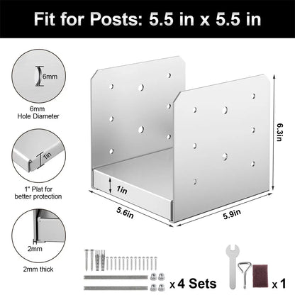6"x6" Adjustable Post Base, Stainless Steel Post Anchor Bracket