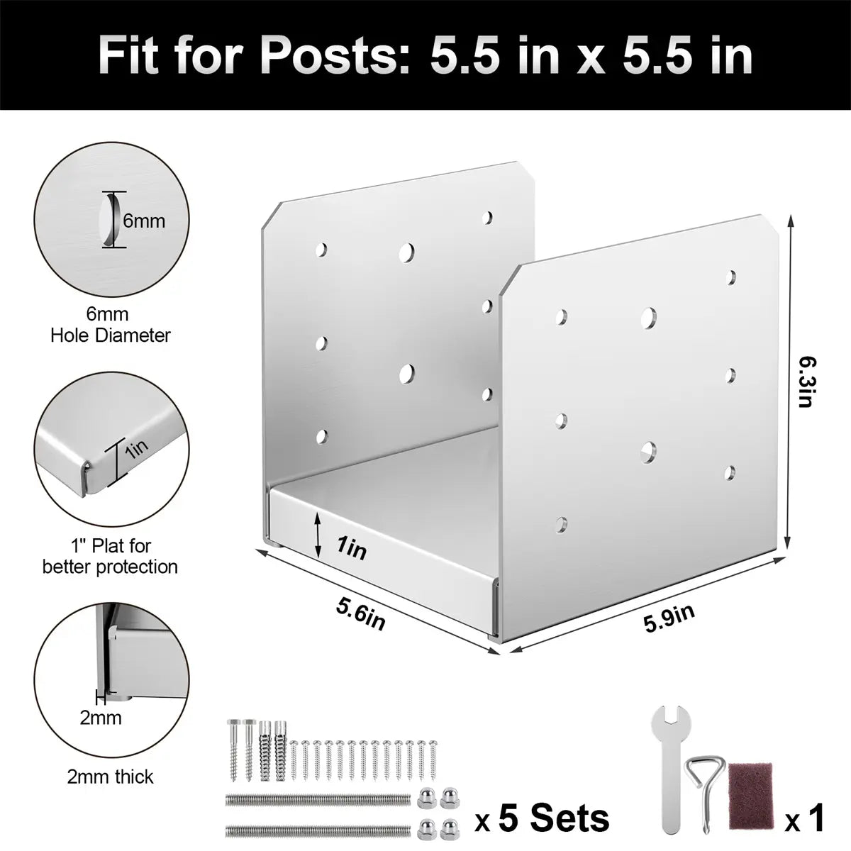 6"x6" Adjustable Post Base, Stainless Steel Post Anchor Bracket