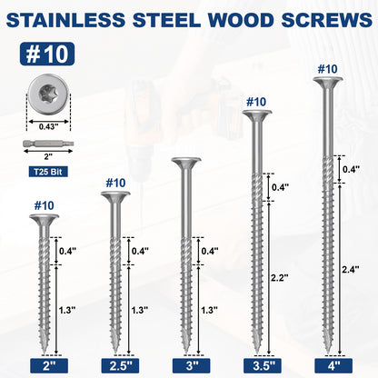 #10 x 3.5" Stainless Steel Deck Screws, Deck Screws T25 Star Bit, 410 Grade Stainless Steel, Rust Resistant Timber Screws for Log Landscaping Wood