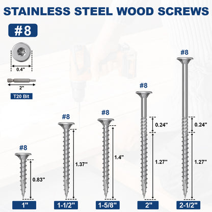 #8 x 1" Stainless Steel Deck Screws, Deck Screws T20 Star Bit, 410 Grade Stainless Steel, Rust Resistant Timber Screws for Log Landscaping Wood